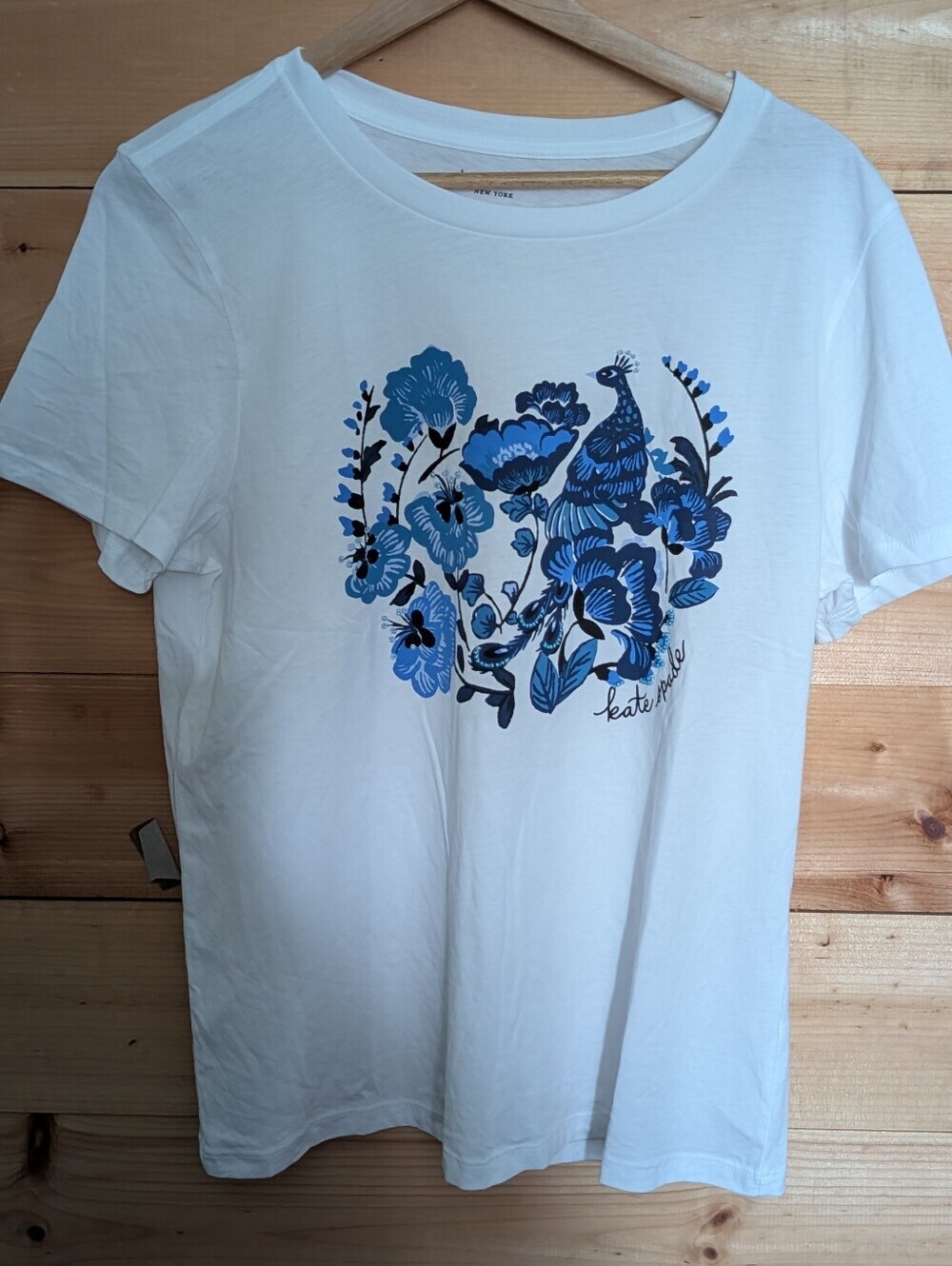 kate spade White Tee with Blue Floral Peacock Graphic *Large